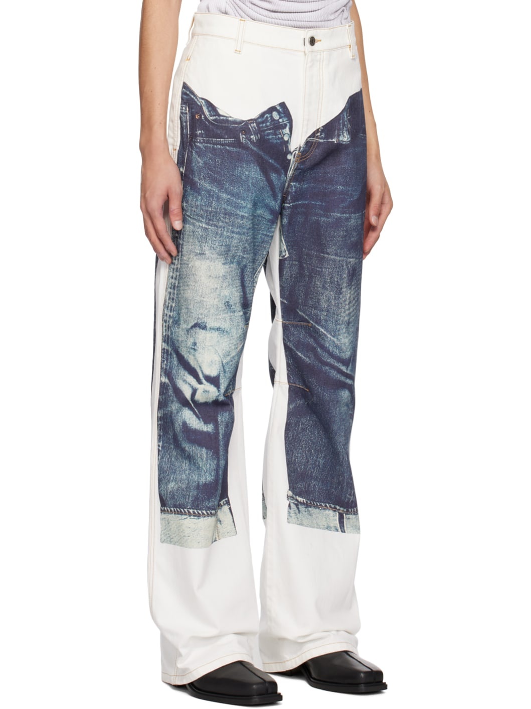 White & Blue Trompe L'œil Jeans - 2