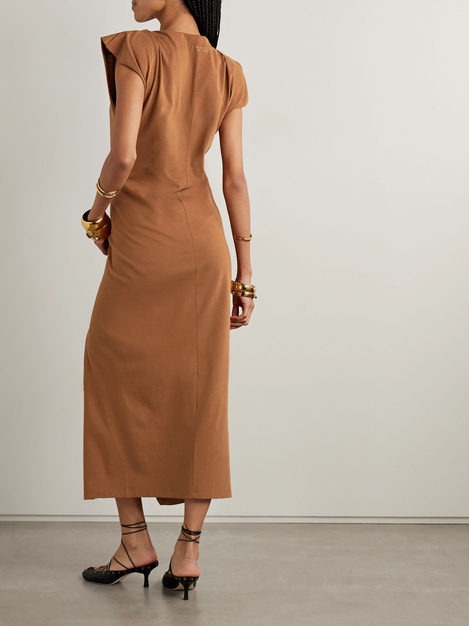 Nadela asymmetric gathered cotton-jersey maxi dress Light brown - 3