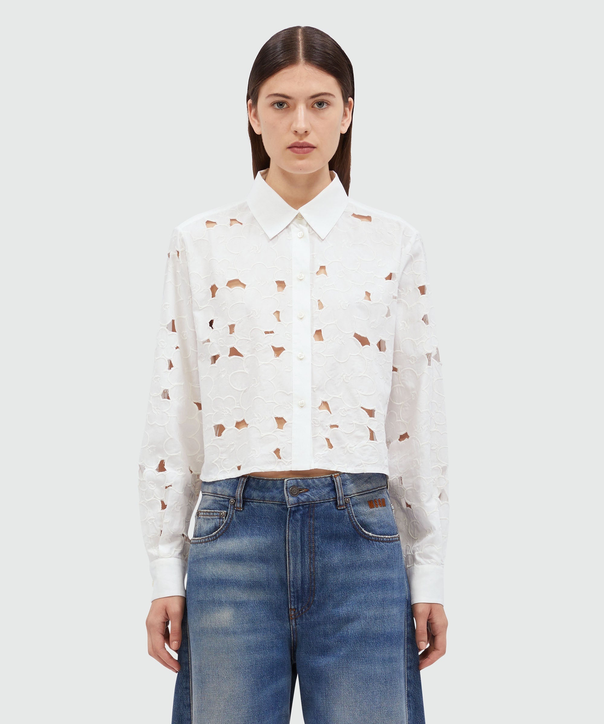 Cropped shirt in white Sangallo cotton - 2