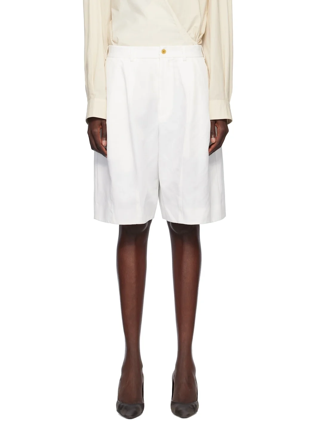 White Polyester Twill Shorts - 1