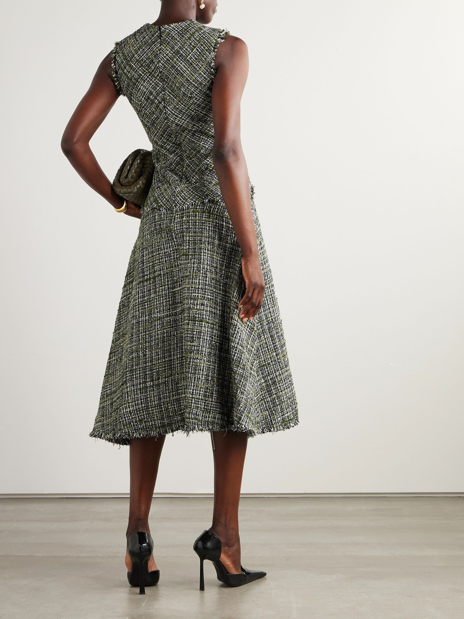 Paneled frayed tweed midi dress Gray green - 3
