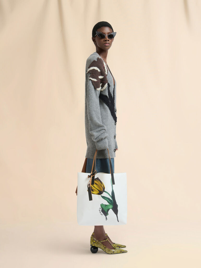 WHITE AND YELLOW FABRIC TRIBECA TOTE WITH TULIP PRINT - 2