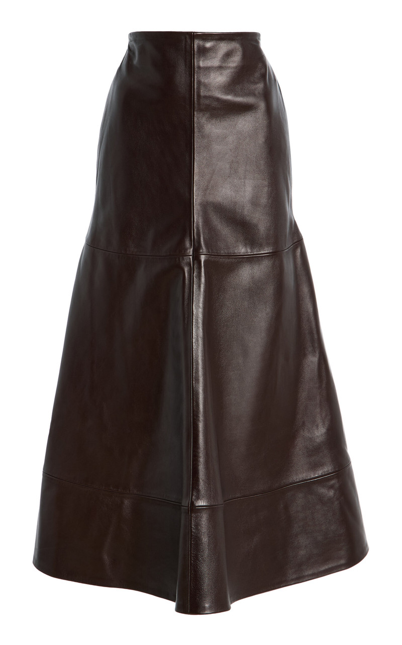 The Preston Flared Leather Midi Skirt brown 1