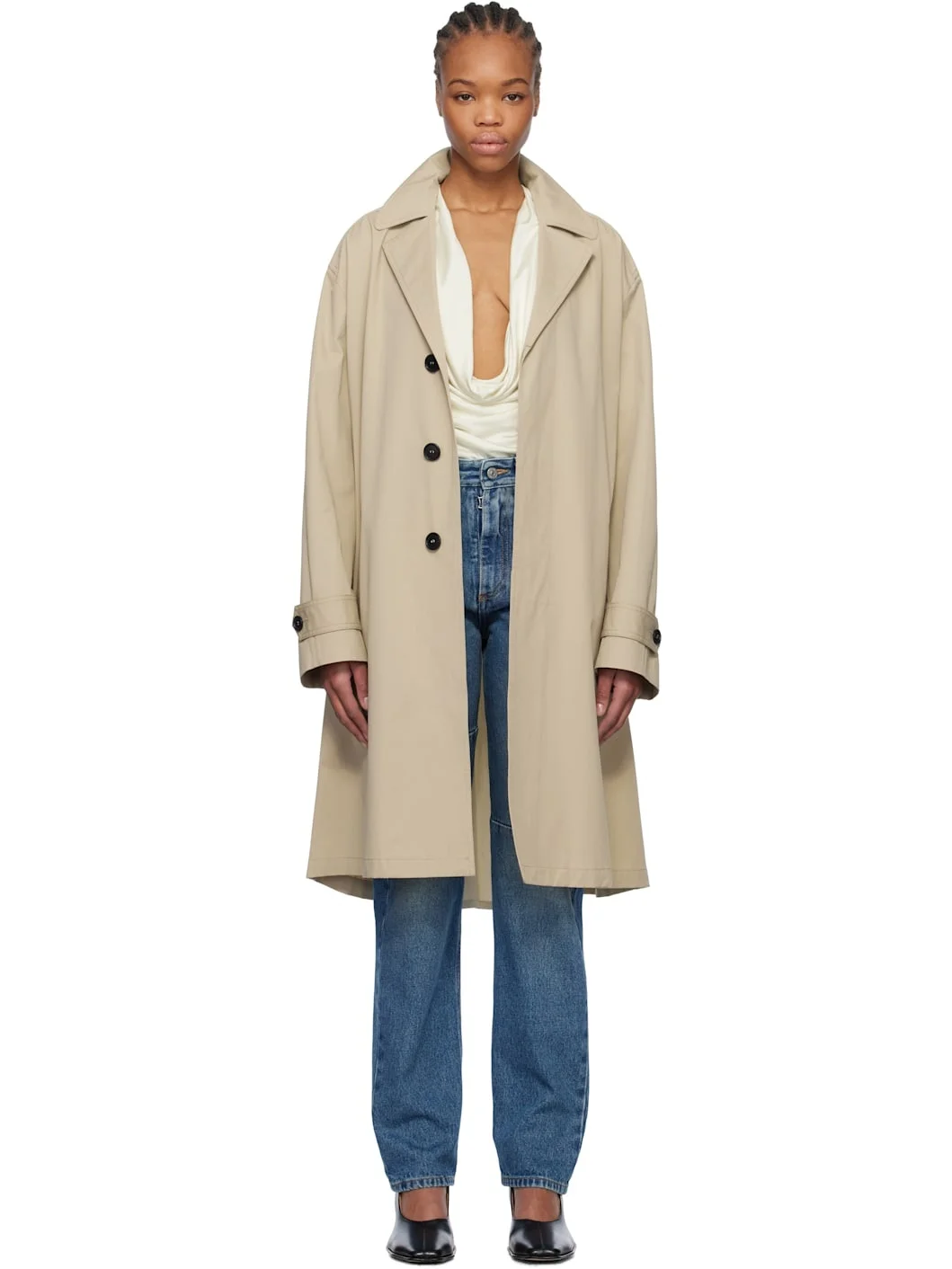 Beige Spliced Cotton Gabardine Trench Coat - 1