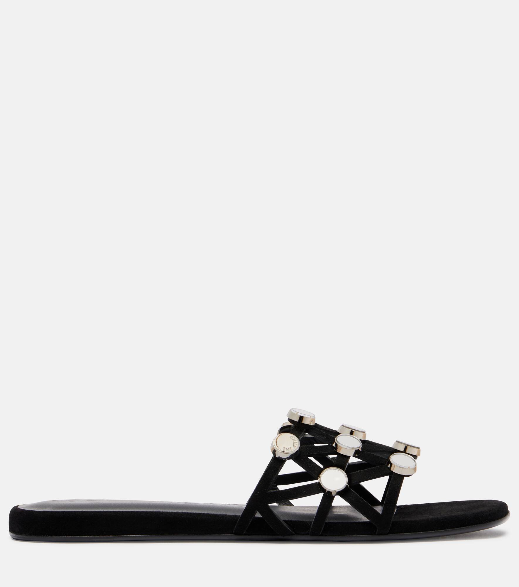 Grid embellished suede flat sandals - 4