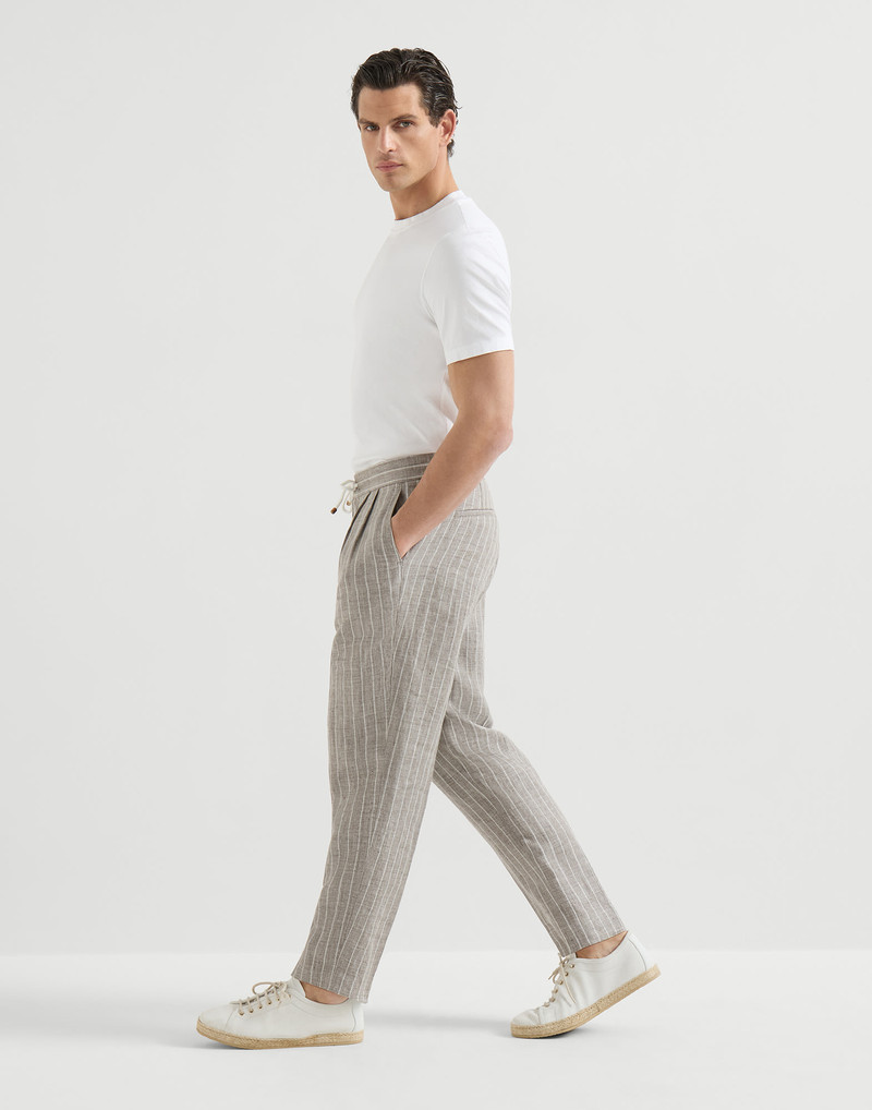 Chalk stripe linen twill trousers with drawstring and double pleats 5