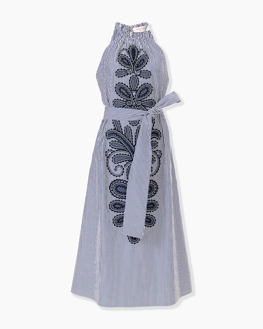 Embroidered Striped Halterneck Midi Dress - 1