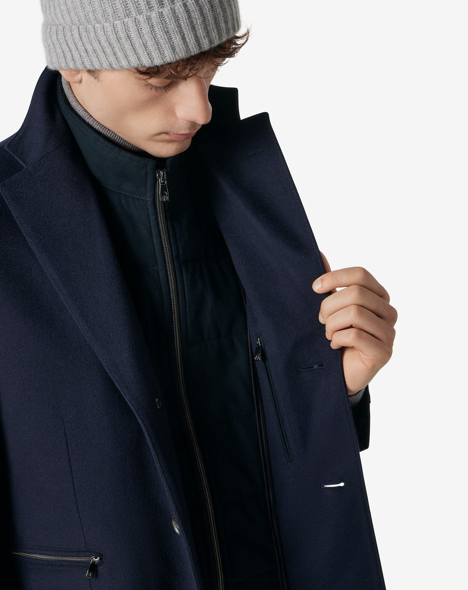 Dark blue pure wool coat with detachable vest - 5