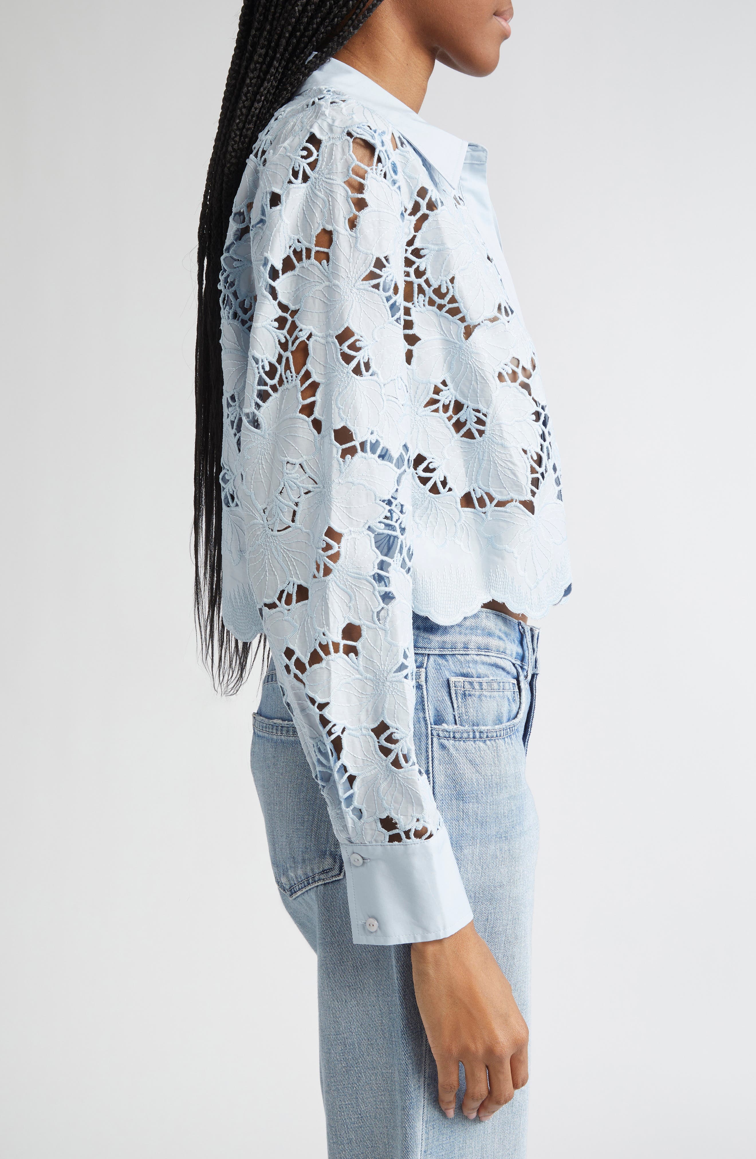 L'AGENCE Seychelle Cutwork Crop Shirt in Blue Fog at Nordstrom - 3
