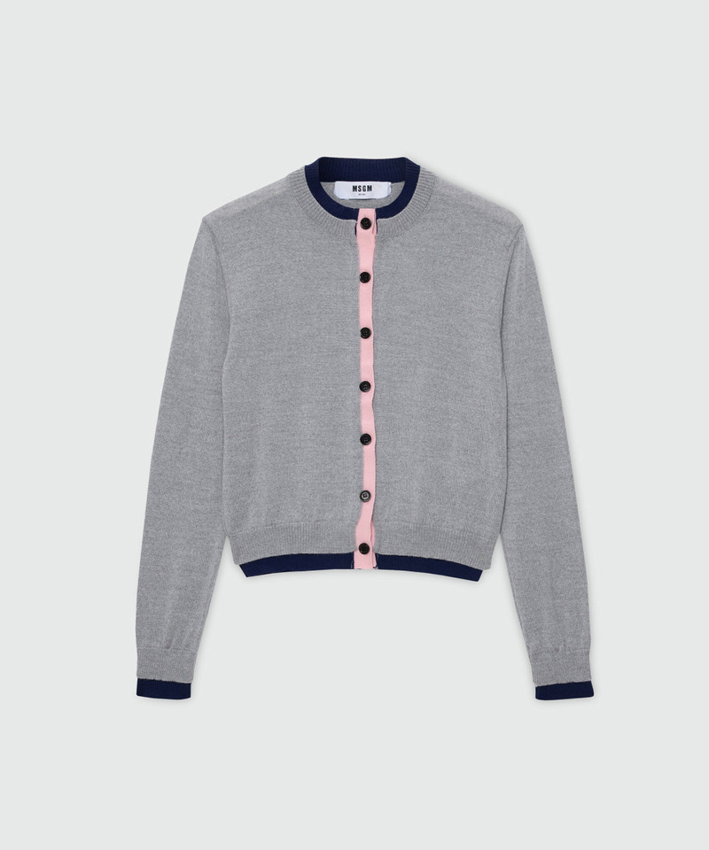 Grey wool cardigan with contrasting double-edge trim 1