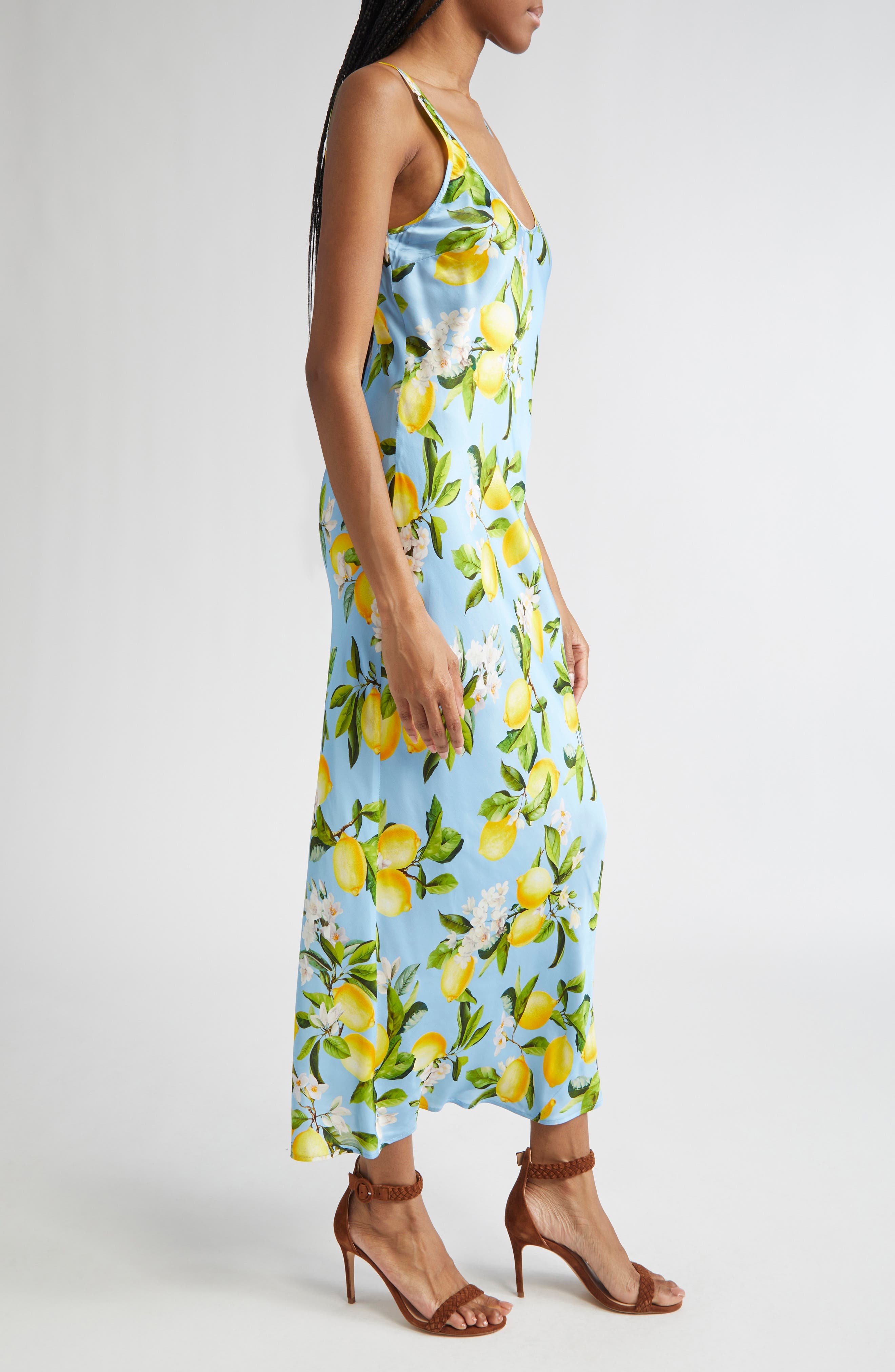 L'AGENCE Akiya Lemon Print Satin Tank Dress in Sky Blue/Yellow Floral Lemon at Nordstrom - 3