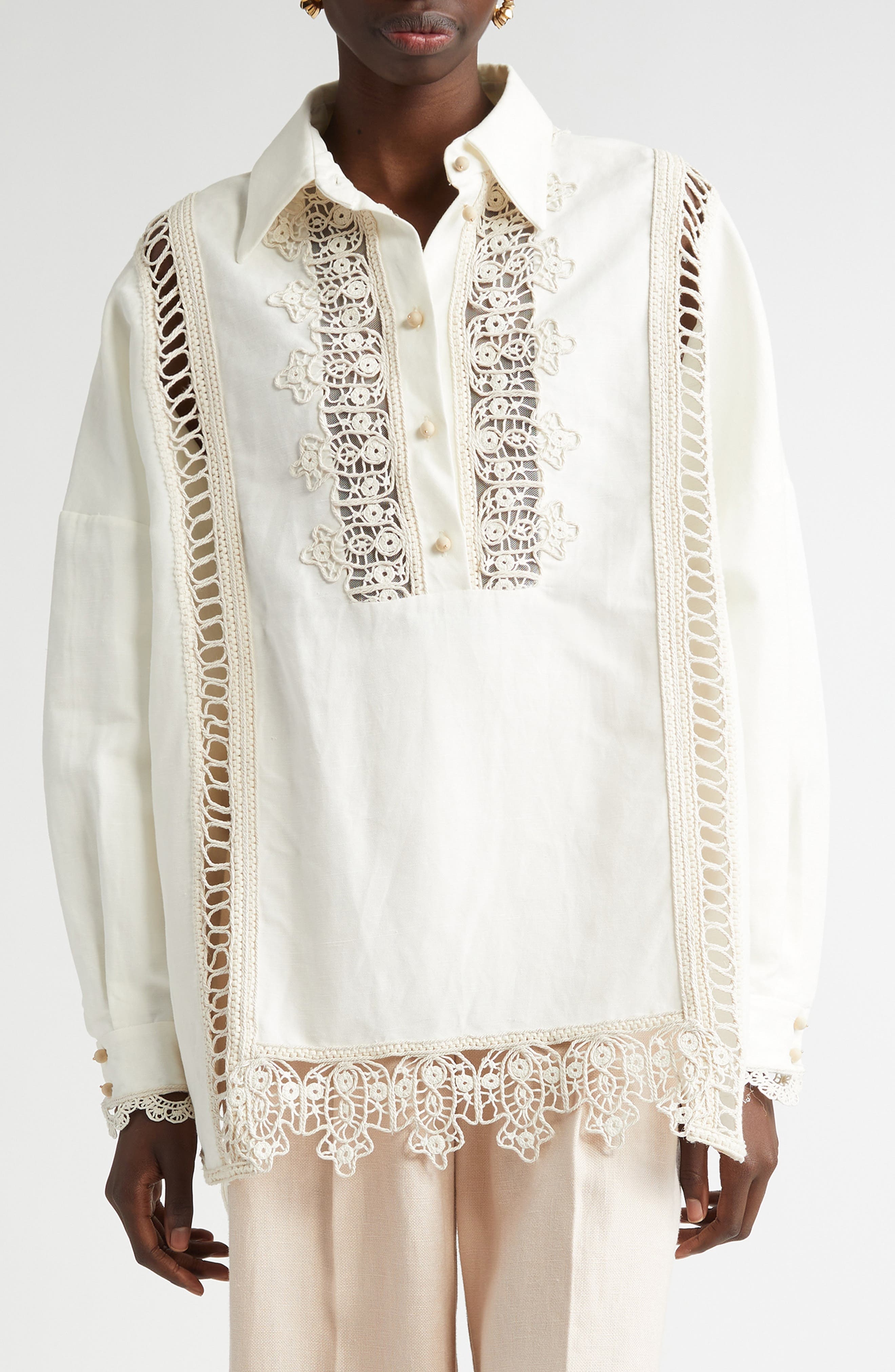 Zimmermann Macramé Lace Trim Linen Shirt in Cream at Nordstrom - 1