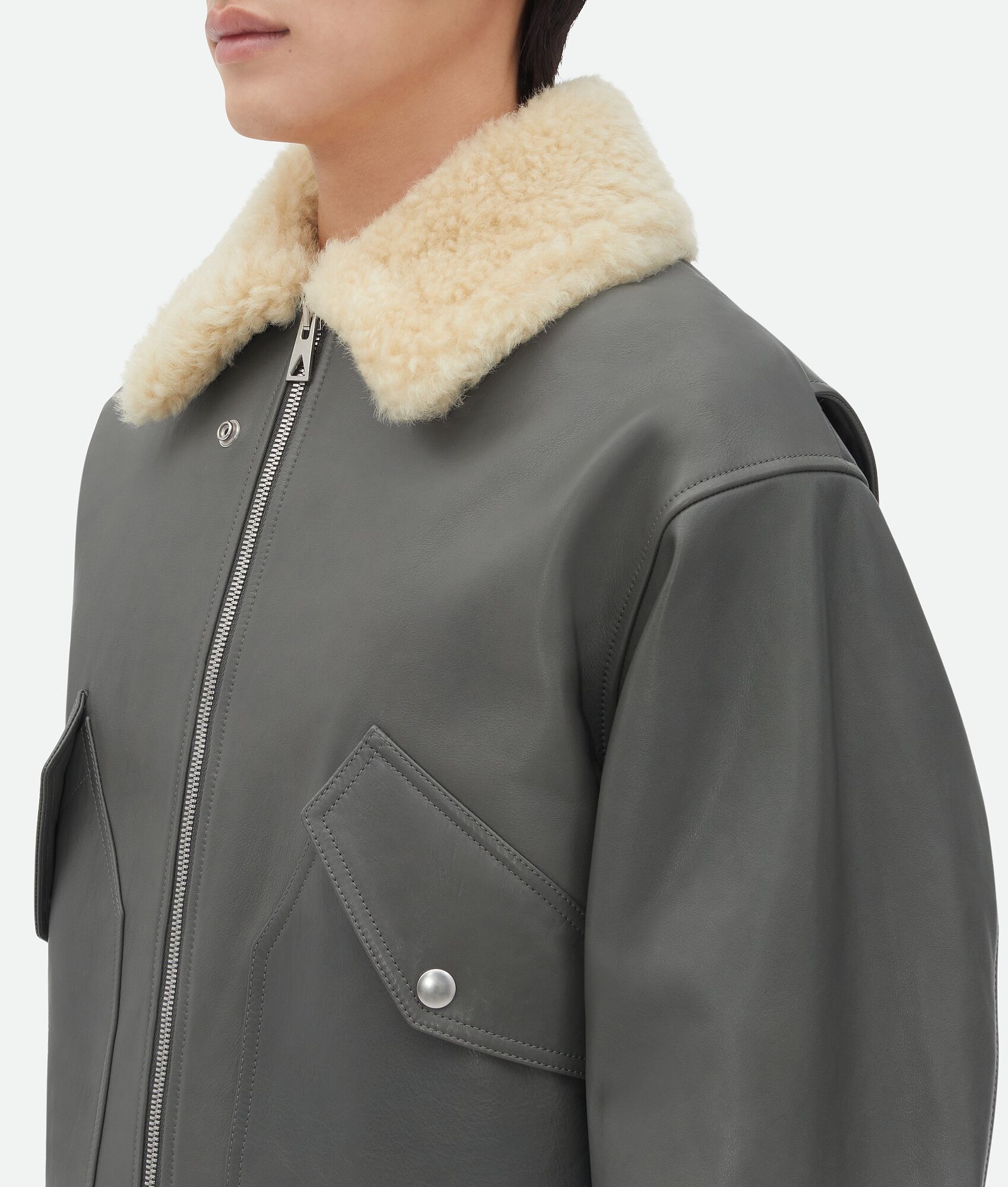 Leather Jacket With Shearling Collar - 5