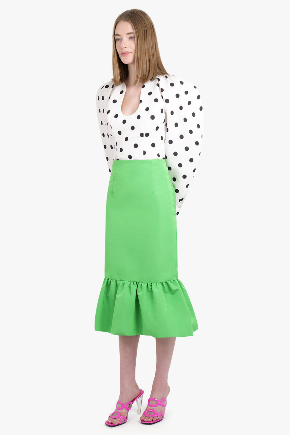 MIDI TAFFETA PEPLUM SKIRT | GREEN - 2
