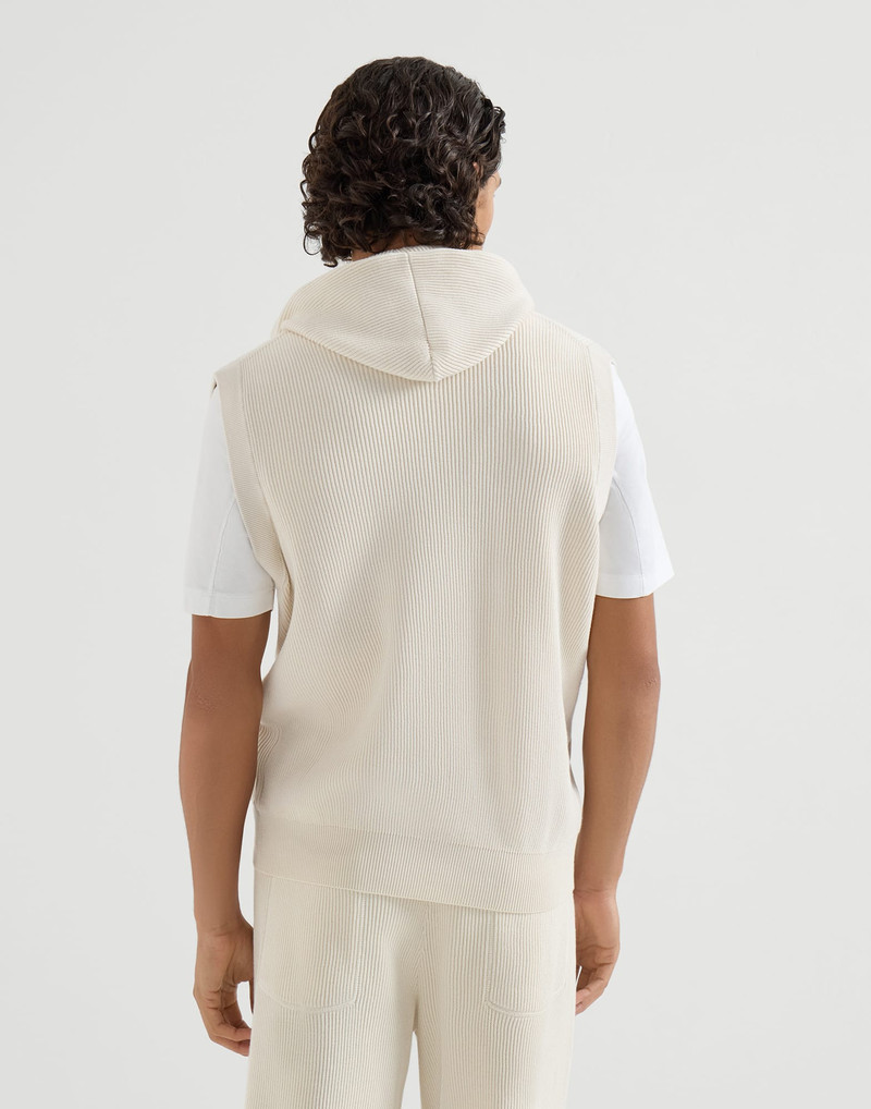 Cotton English rib knit hooded vest with logo and zipper 3