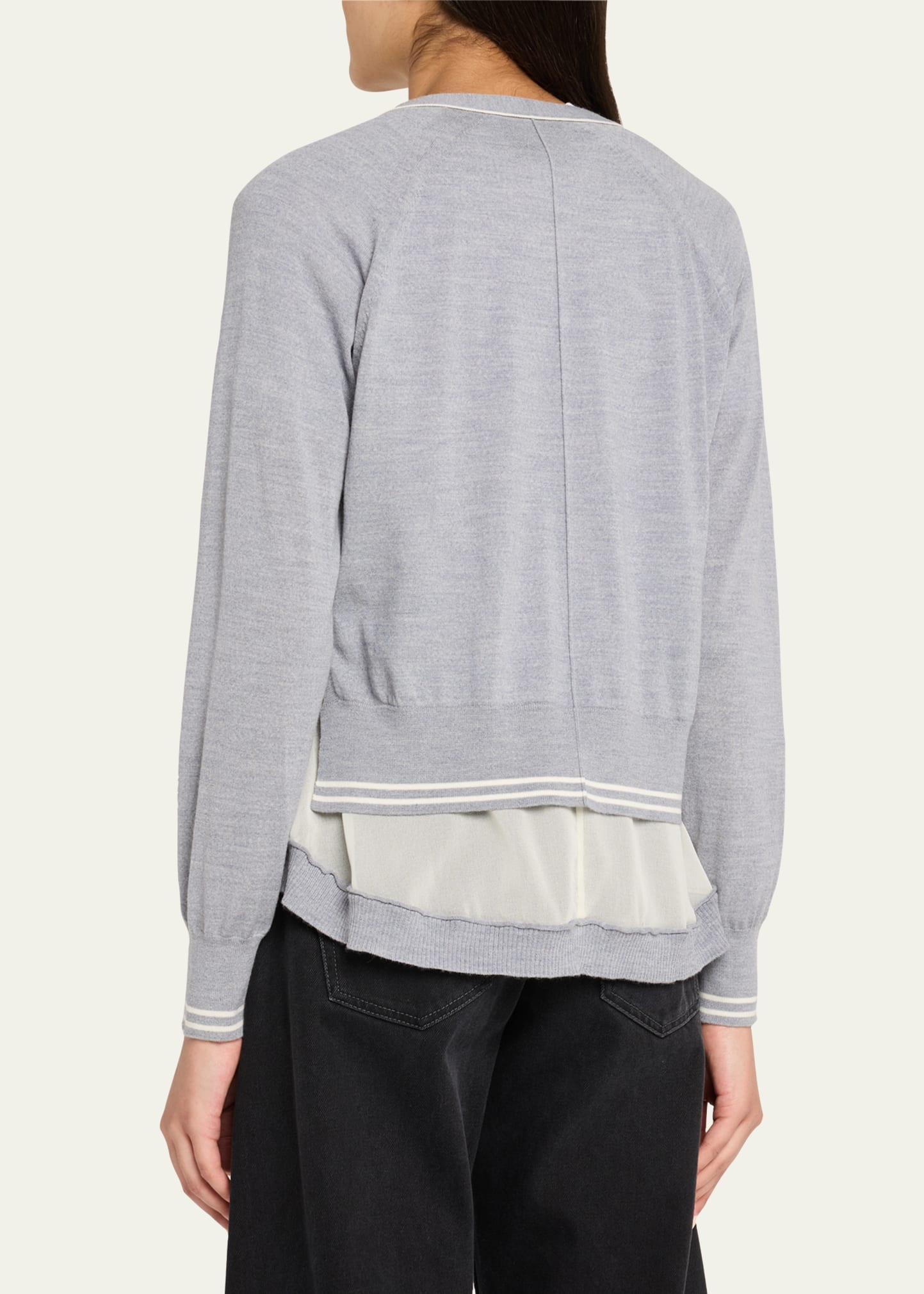 Chiffon-Trim V-Neck Cardigan - 3