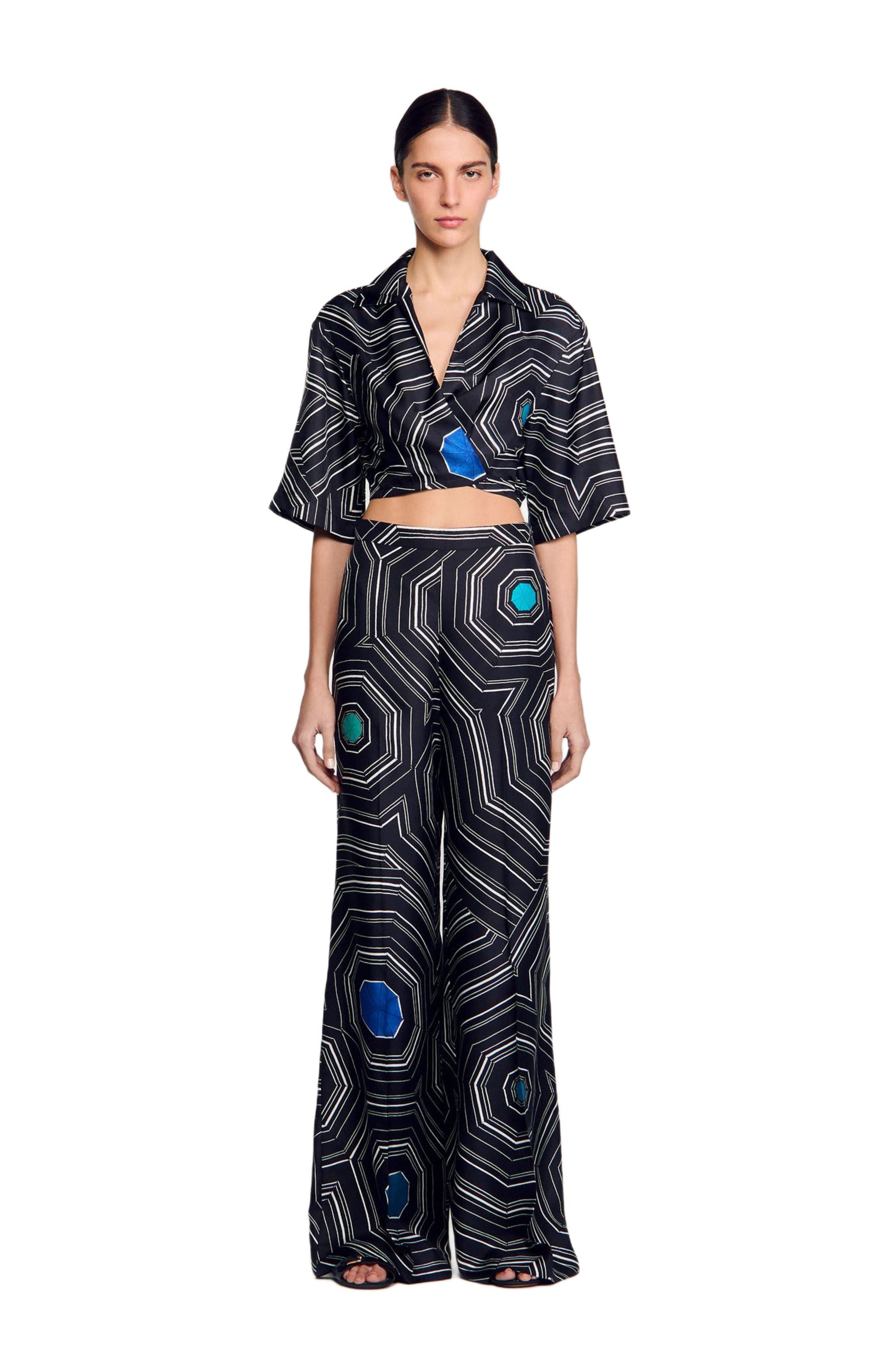 SANDRO Spiral-print silk trousers in Black at Nordstrom - 1