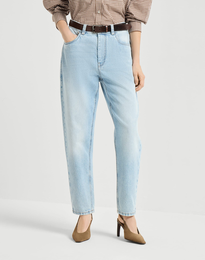 Authentic denim baggy tapered trousers with monili 1
