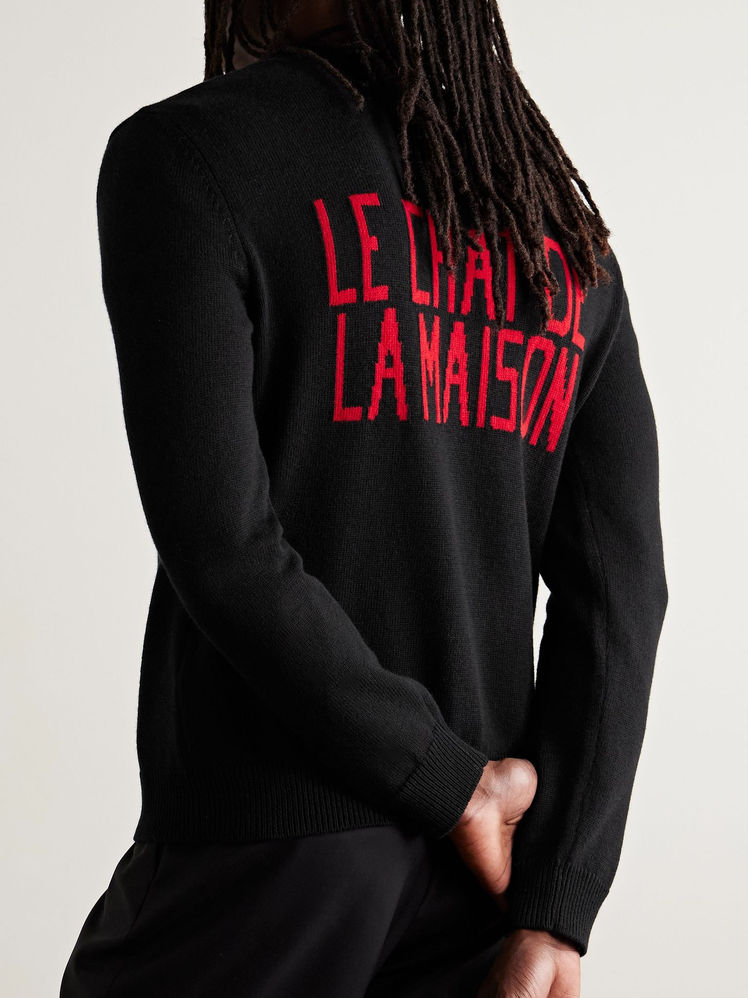 Logo-Appliquéd Intarsia-Knit Cotton and Virgin Wool-Blend Sweater Black - 4