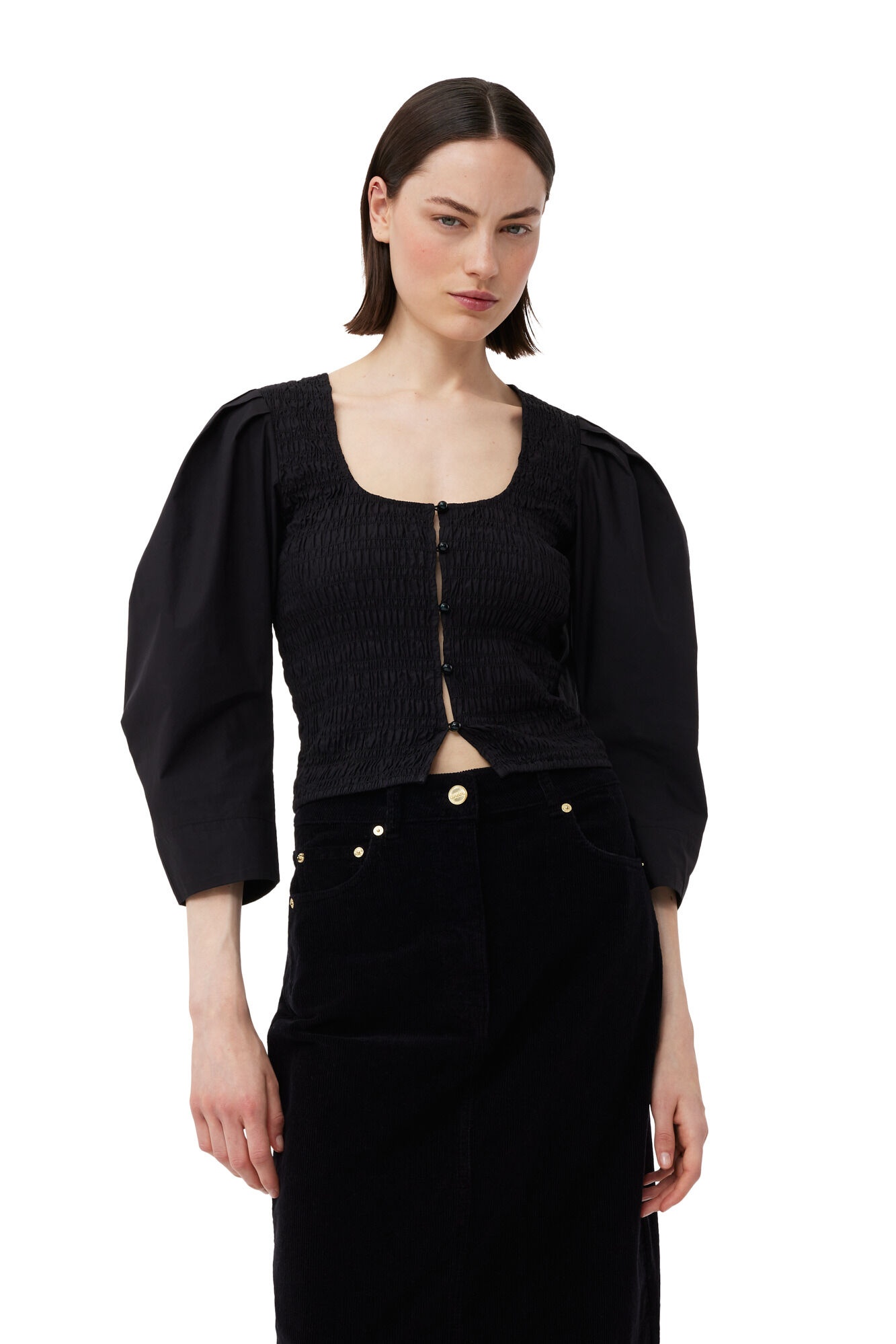 BLACK COTTON POPLIN SMOCK BLOUSE - 2