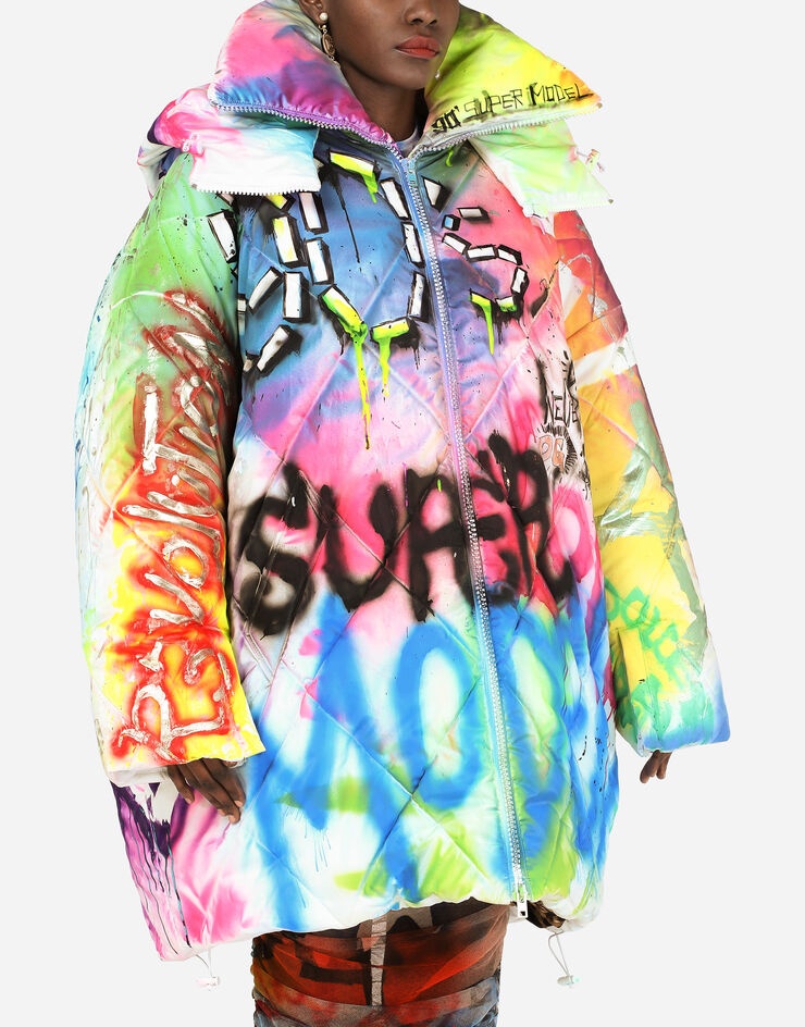 Foiled nylon down jacket with graffiti print - 4