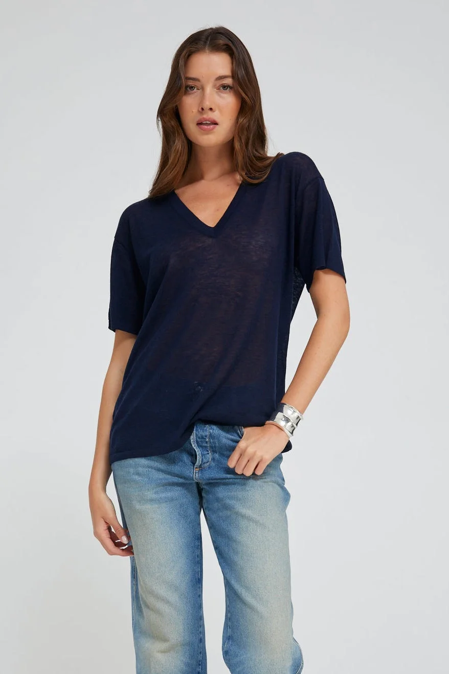 NAVY TISSUE CASHMERE V-NECK TEE - 1