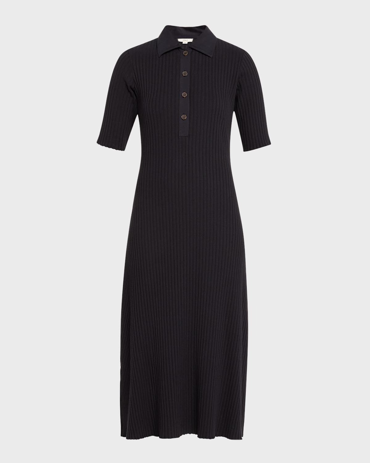 Ribbed Elbow-Sleeve Polo Midi Dress - 1