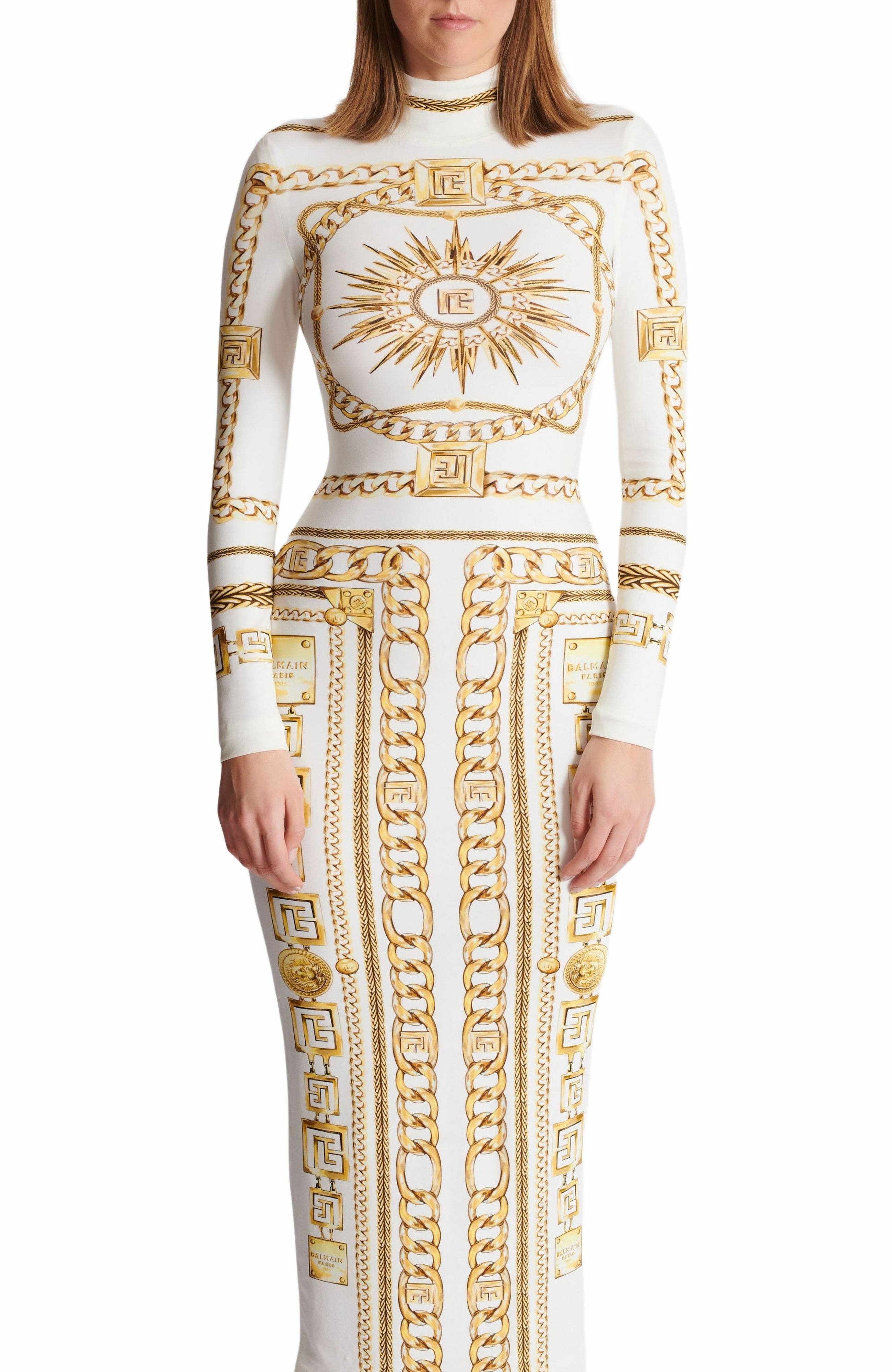 Long printed bodycon dress with Balmain Foulard pattern in Gold at Nordstrom - 8