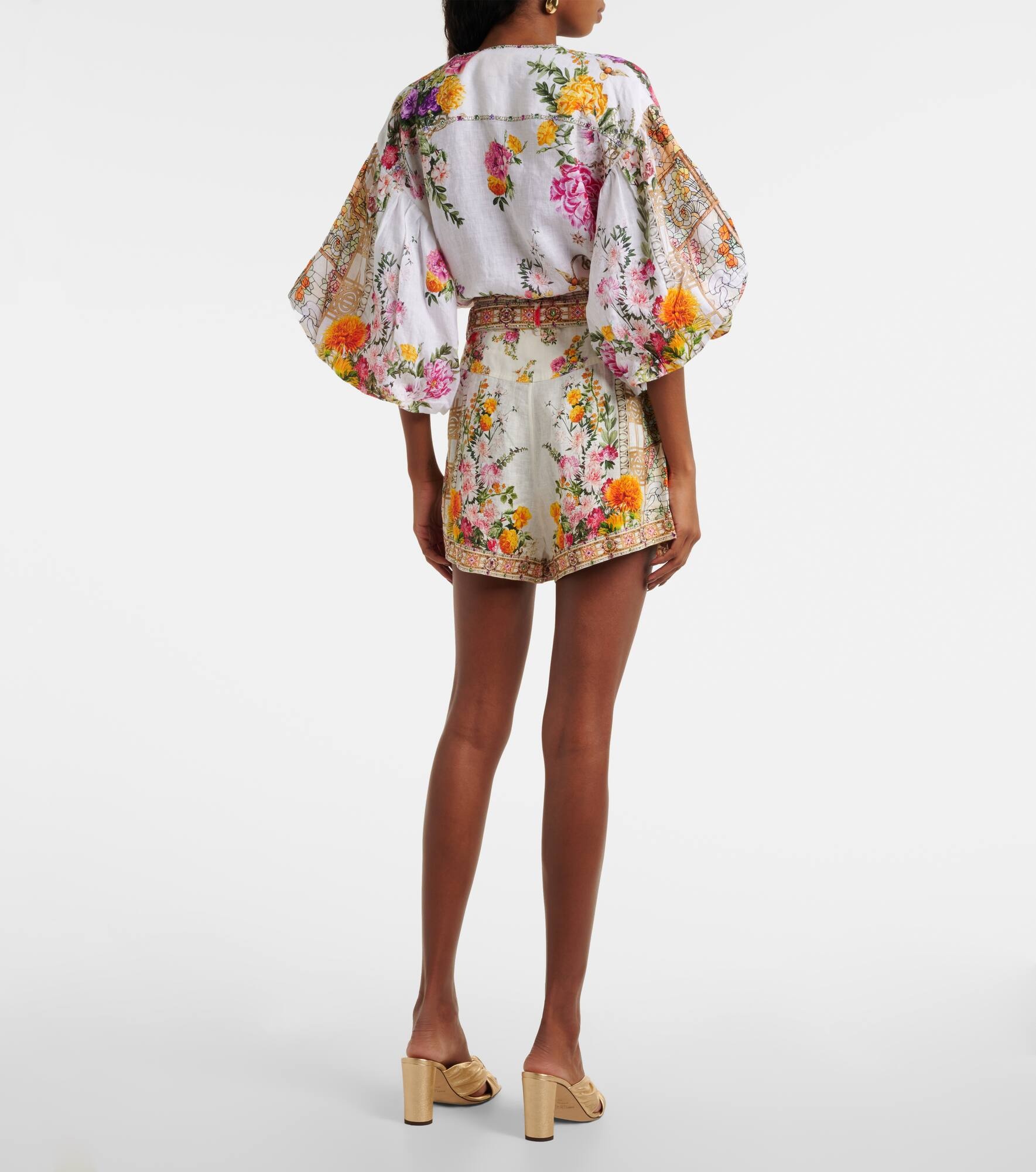 Floral high-rise belted linen shorts - 3