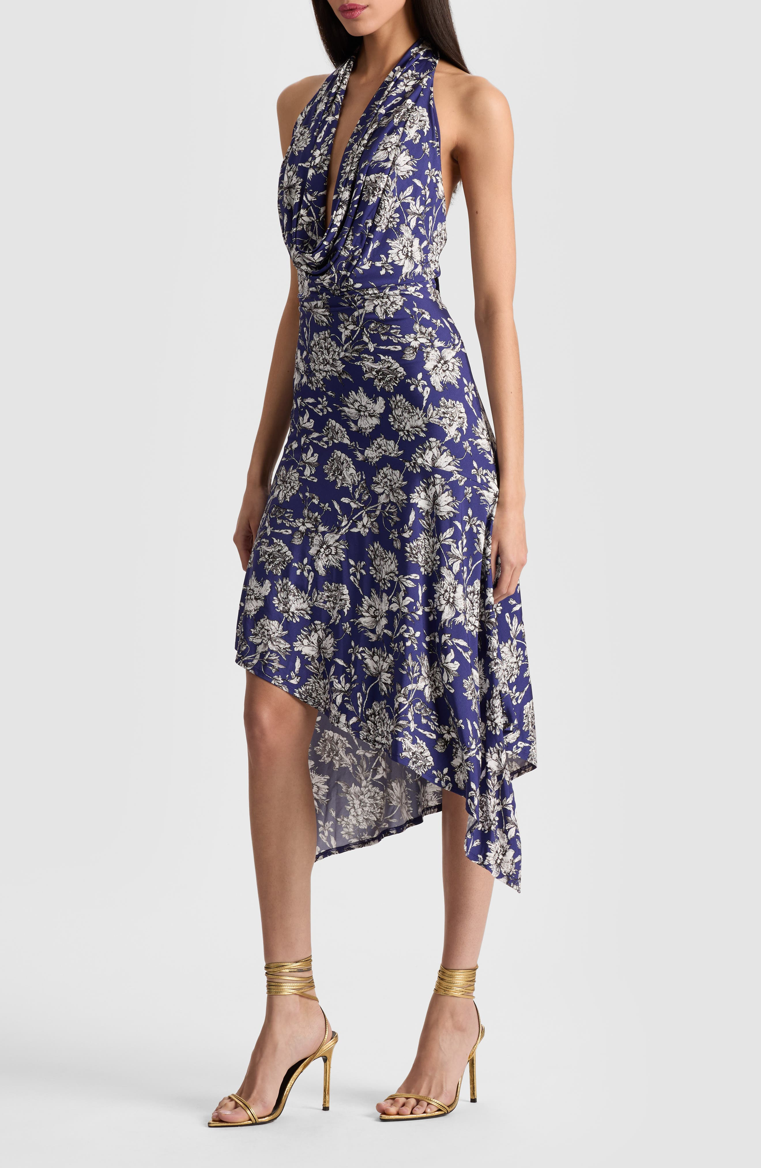 Alice + Olivia Dani Floral Asymmetric Halter Dress in Blooming Wild Indigo at Nordstrom - 3