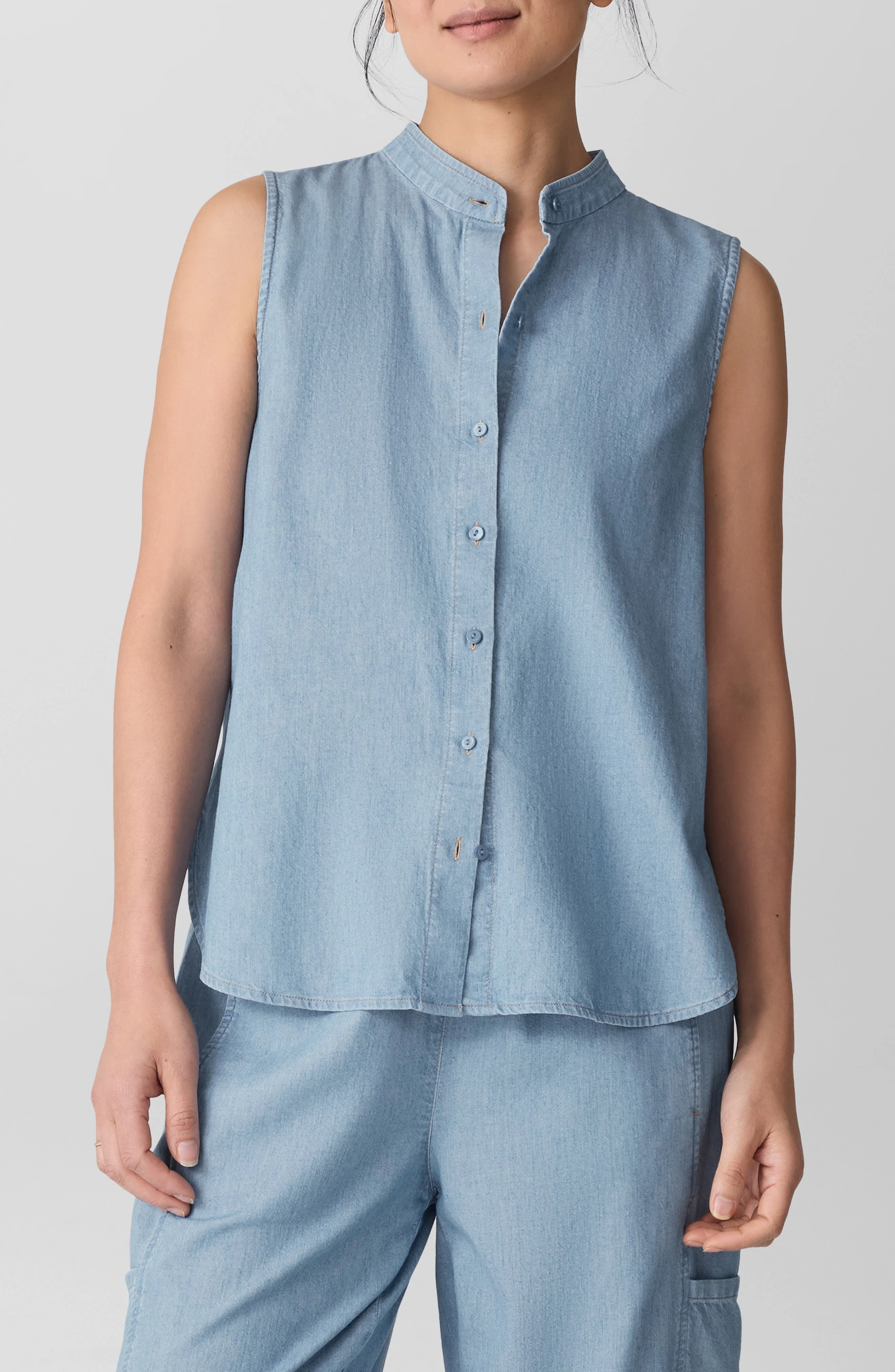 Eileen Fisher Sleeveless Band Collar Chambray Button-Up Shirt in Washed Indigo at Nordstrom - 1