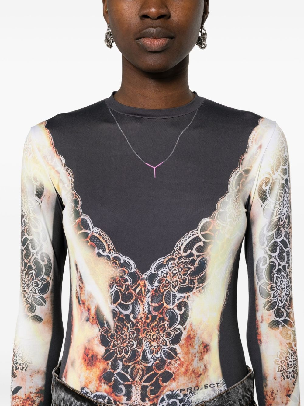 lace-print jersey top - 5