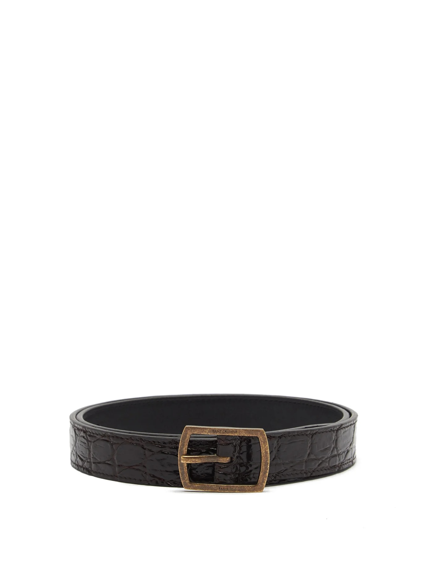 Crocodile-effect brown leather skinny belt - 1