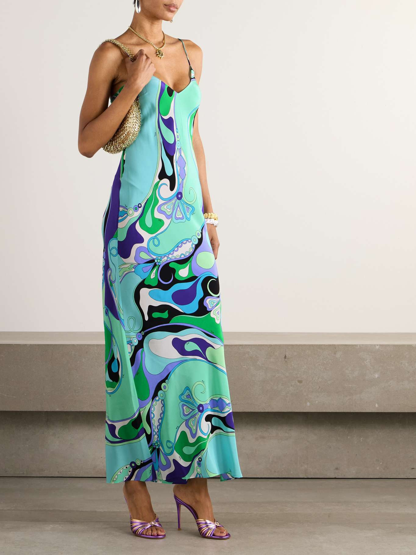 Printed silk crepe de chine maxi dress Blue - 2