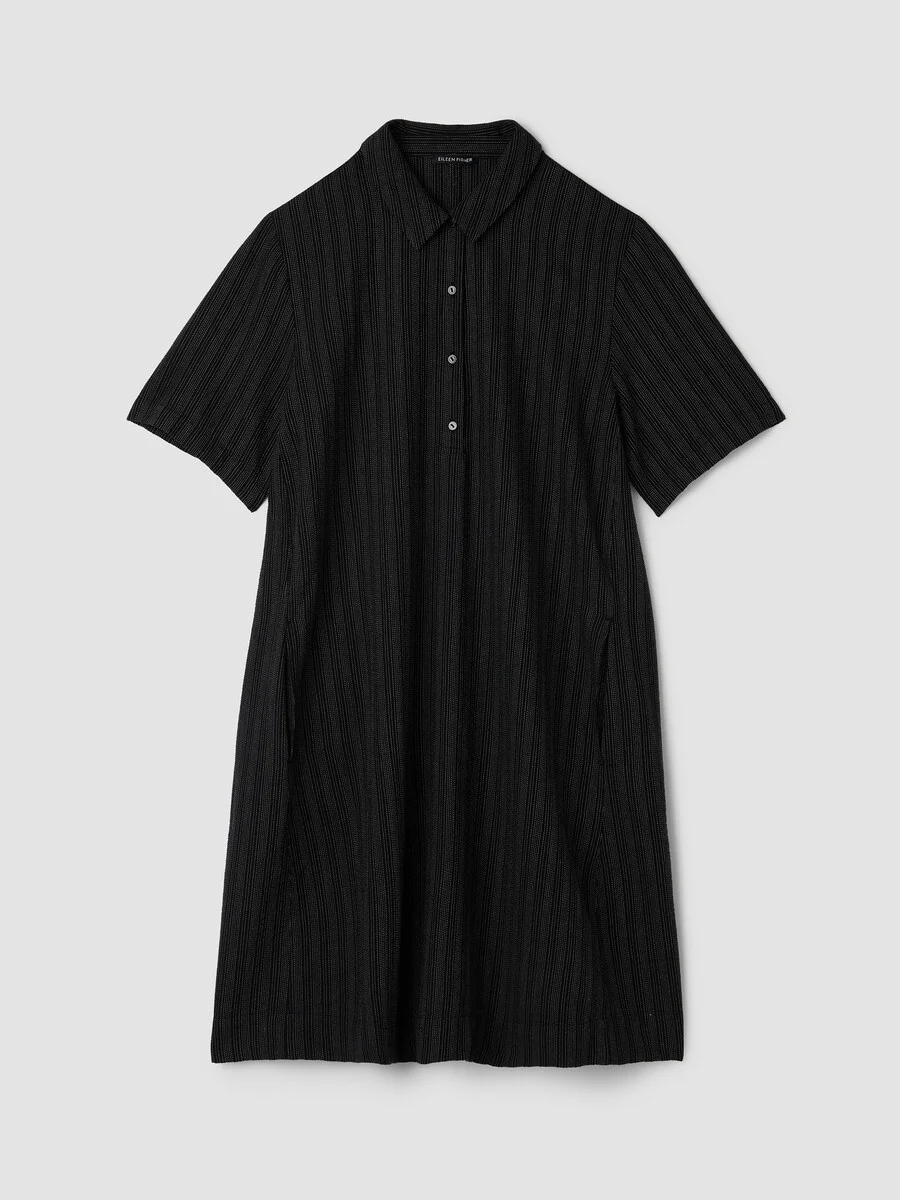 Cotton Blend Stripe Stitch Classic Collar Dress - 1