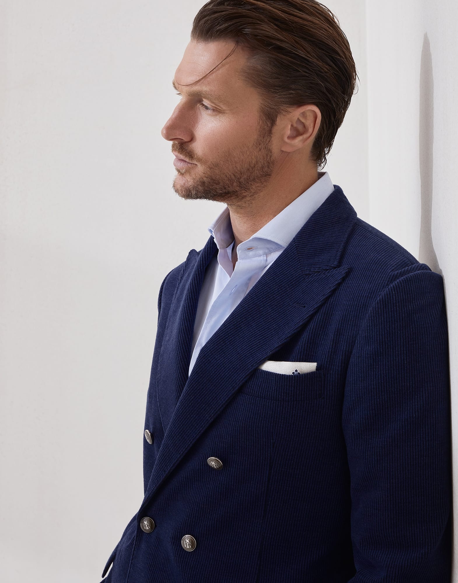 Wool, silk and cashmere corduroy one-and-a-half breasted deconstructed blazer with metal buttons - 3