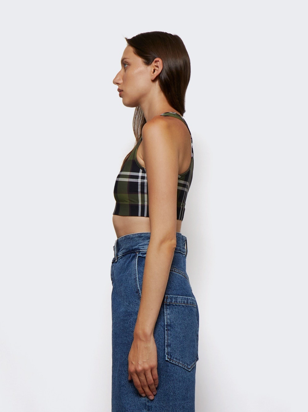 Check Print Scoop Neck Top Dark Olive Green - 4