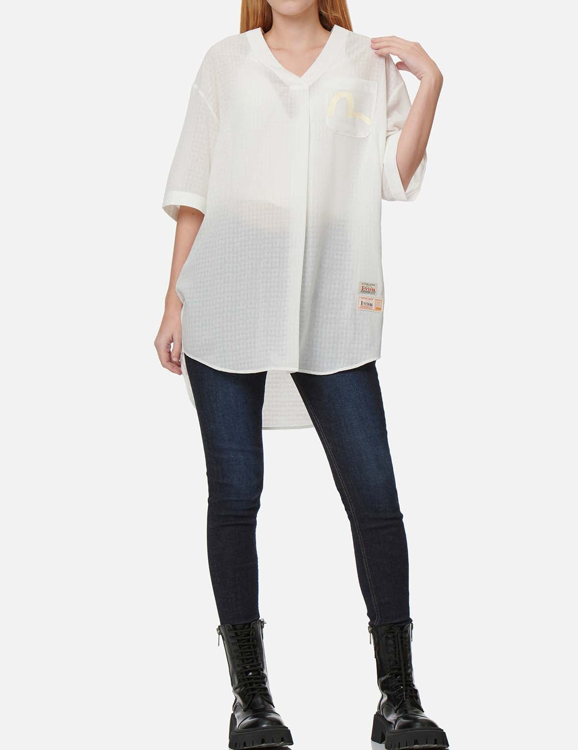 Seagull and Motto Print Seersucker V-neck Dress - 5
