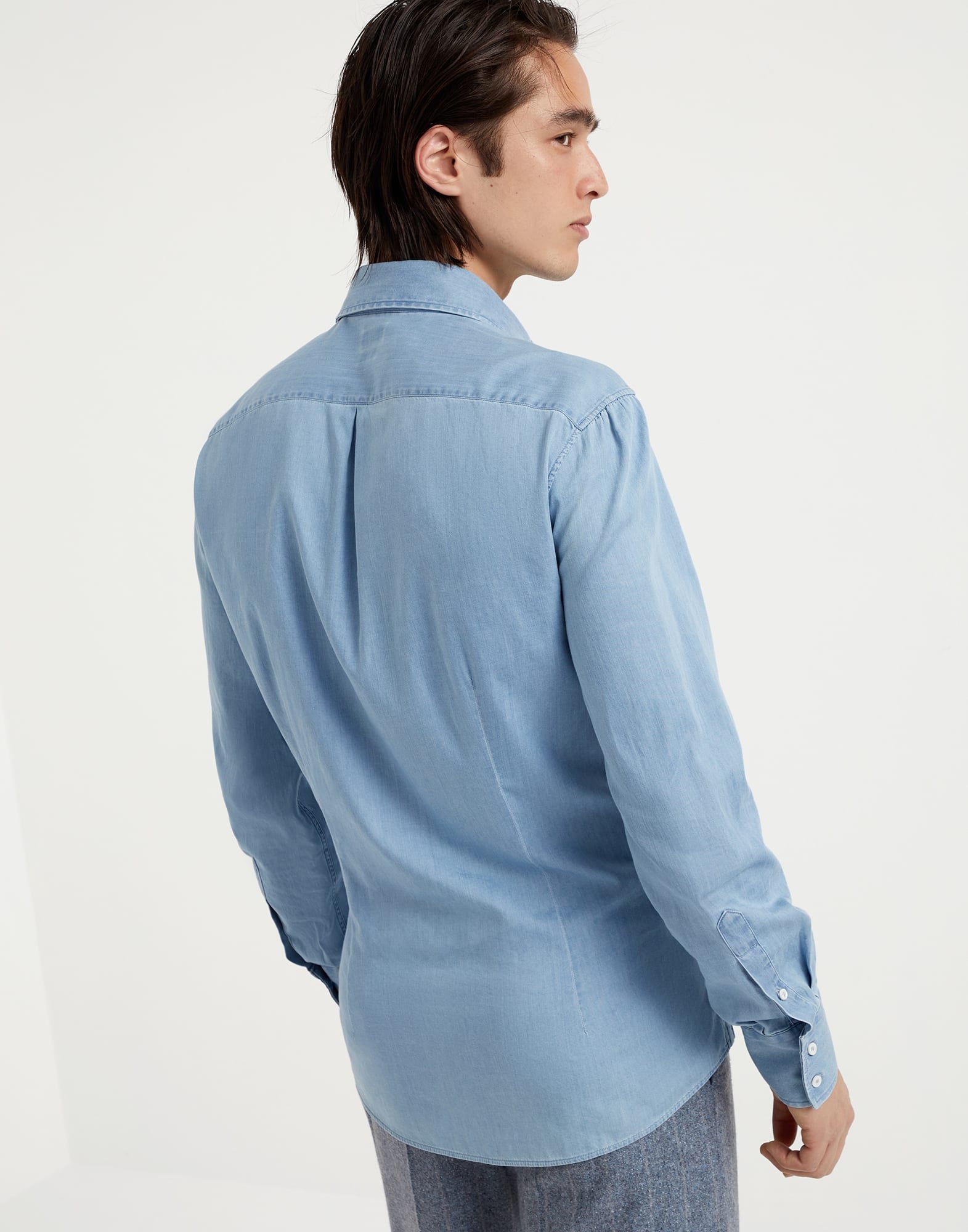 Lightweight denim slim fit shirt with spread collar - 2