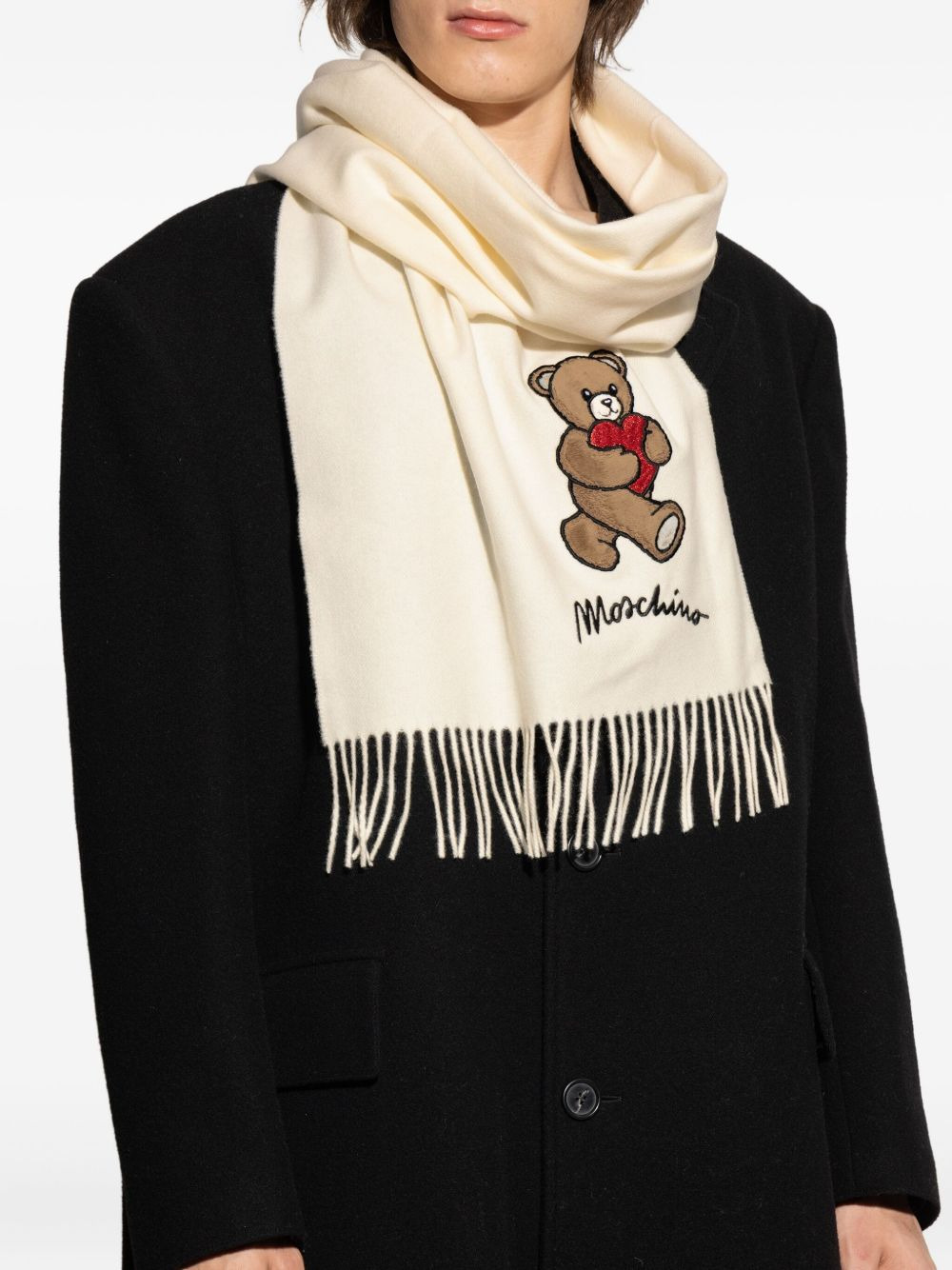 Teddy-heart embroidered wool scarf - 4