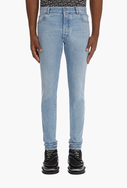 Slim light blue cotton jeans with Balmain monogram - 5