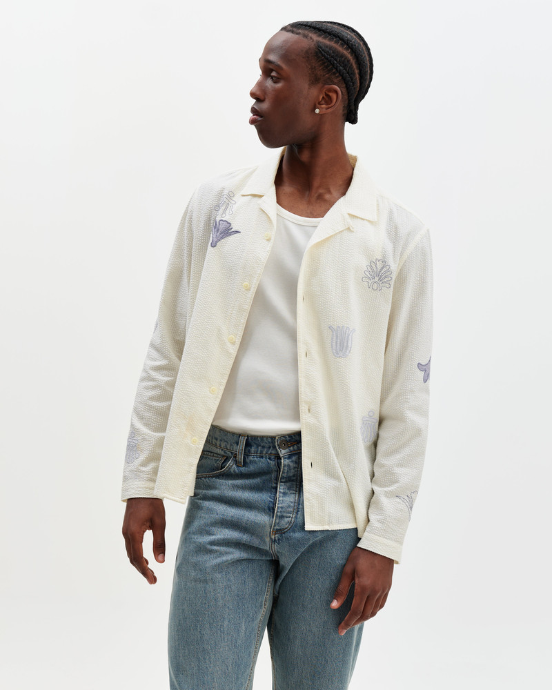 Wax London Corey - Ecru And Blue Doodle Cotton-Seersucker Shirt outlook