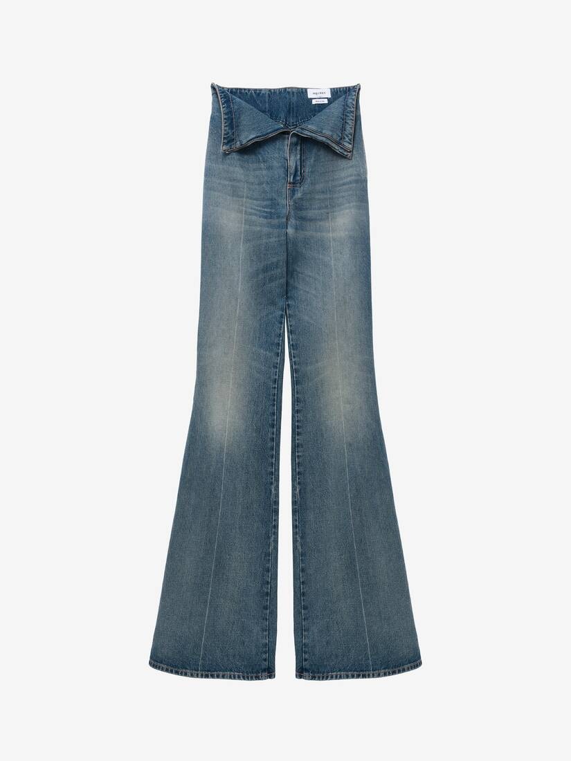 ボトムスその他 Alexander McQueen Flared jeans with turn-ups at the waist Faded high-rise bootcut jeans in blue - Mc Queen | Mytheresa