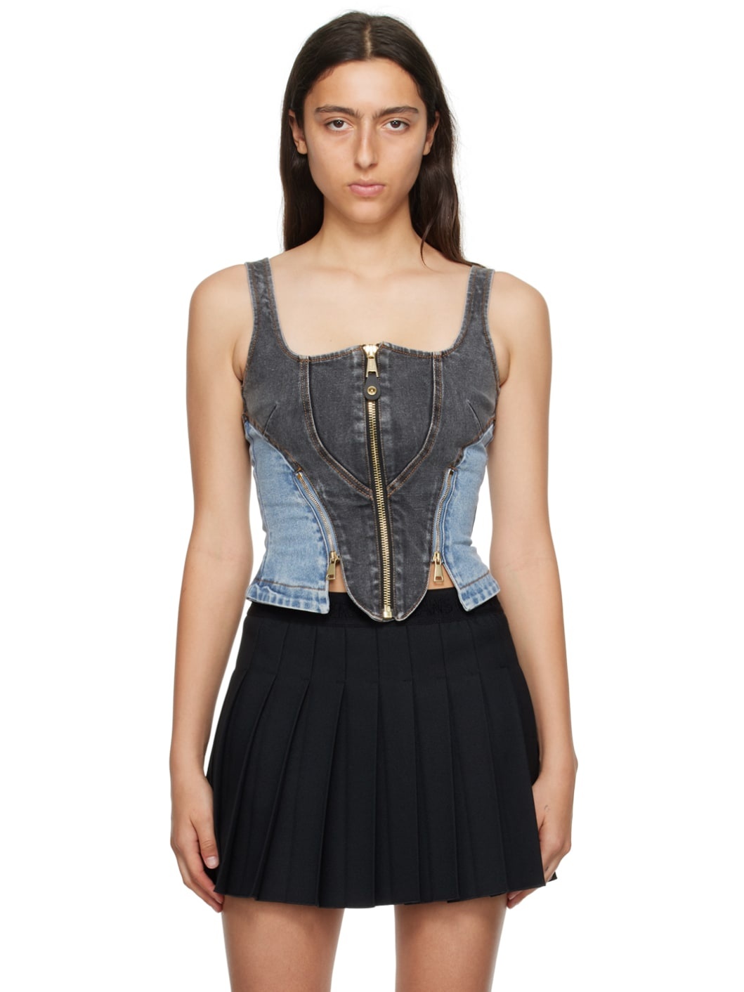 Black Paneled Denim Tank Top - 1