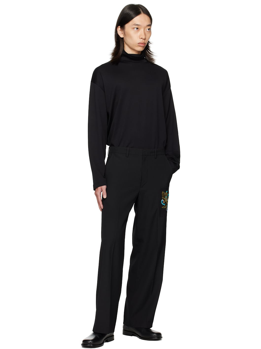 Black Embroidered Patch Trousers - 5