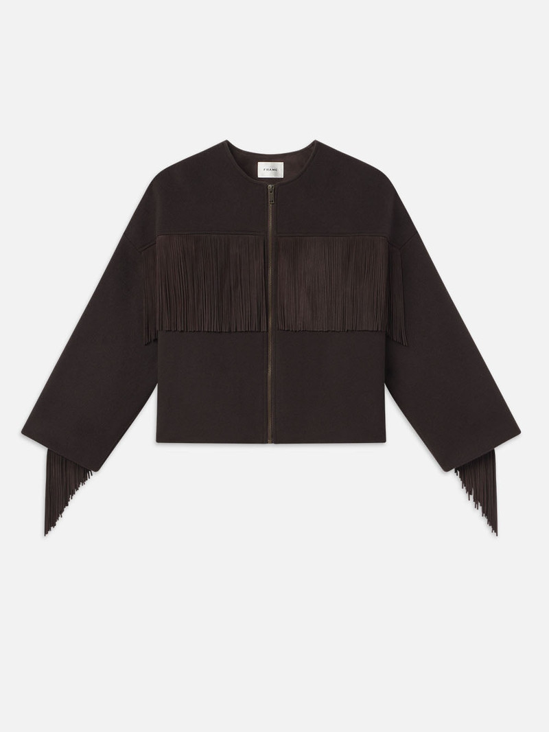 Mix Suede Fringe Coat in Chocolate Brown 1