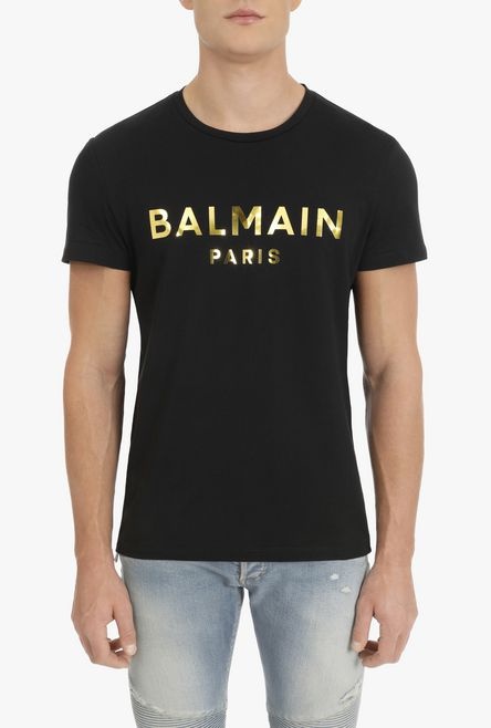 Black cotton T-shirt with gold metallic-effect Balmain Paris logo - 5