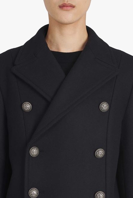 Black wool pea coat with double-breasted silver-tone buttoned fastening - 8