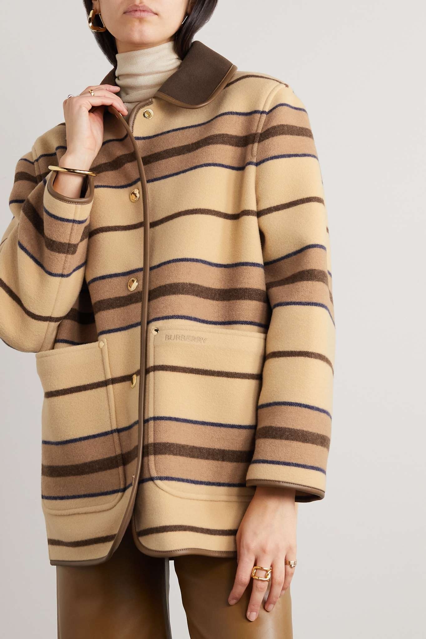Leather-trimmed striped wool-felt jacket - 6