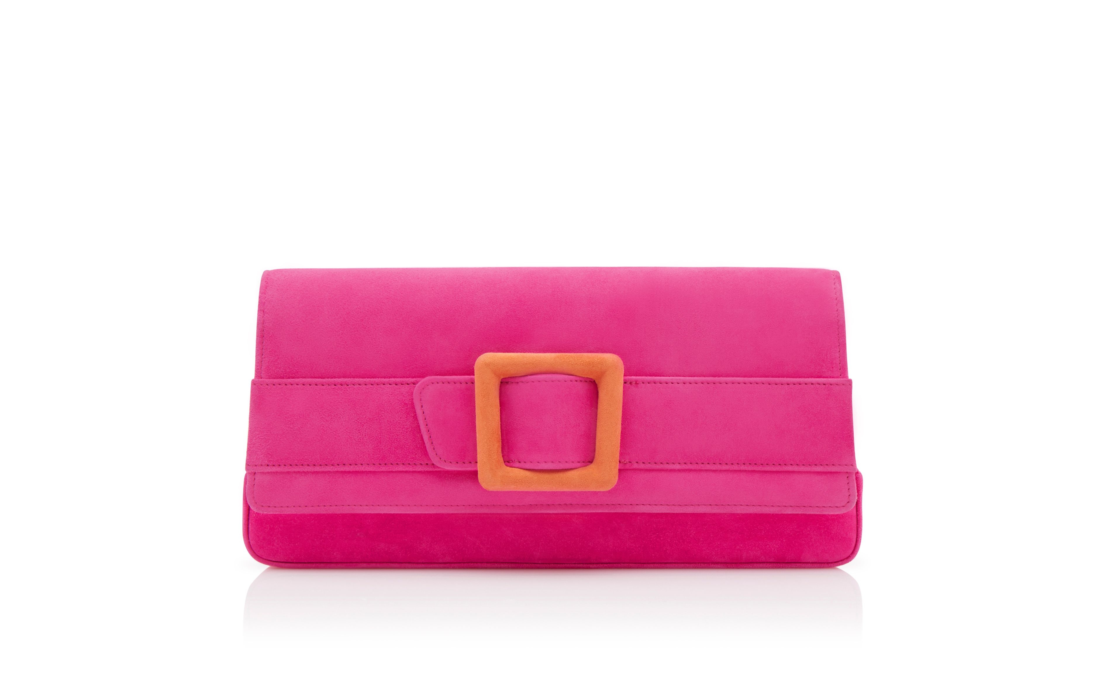 Bright Pink and Orange Suede Buckle Clutch - 1